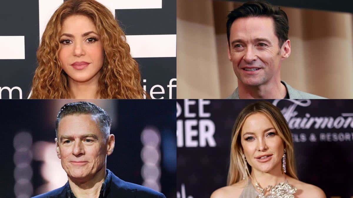 （左上から時計回り）シャキーラ、ヒュー・ジャックマン、ケイト・ハドソン、ブライアン・アダムス