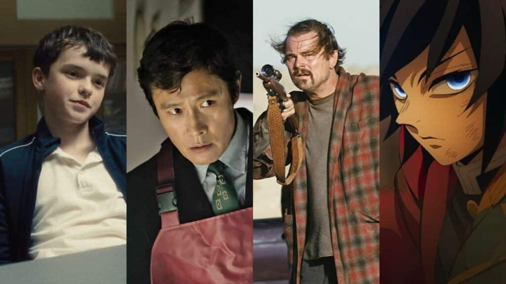 （左から）『アドレセンス』、『しあわせな選択』、『ワン・バトル・アフター・アナザー』、『劇場版「鬼滅の刃」無限城編 第一章 猗窩座再来』写真：Courtesy of Netflix; Courtesy of the Venice Film Festival; Courtesy of Warner Bros.; Koyoharu Gotoge SHUEISHA Aniplex ufotable/Sony Pictures