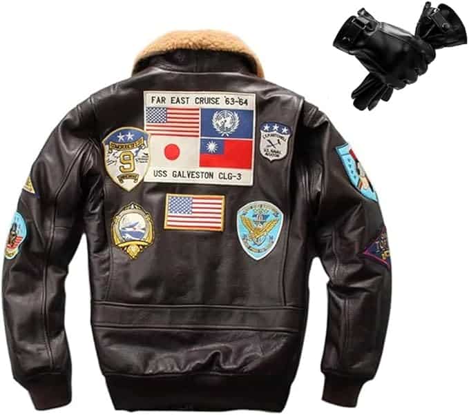 [VIIBOY] 本革フライトジャケット トップガン 本革ジャケット＋レザーグローブ ワッペン付き 刺繍 レザージャケット ウール襟 綿入れ G-1フライトジャケット 革ジャン 牛革 防寒 メンズ