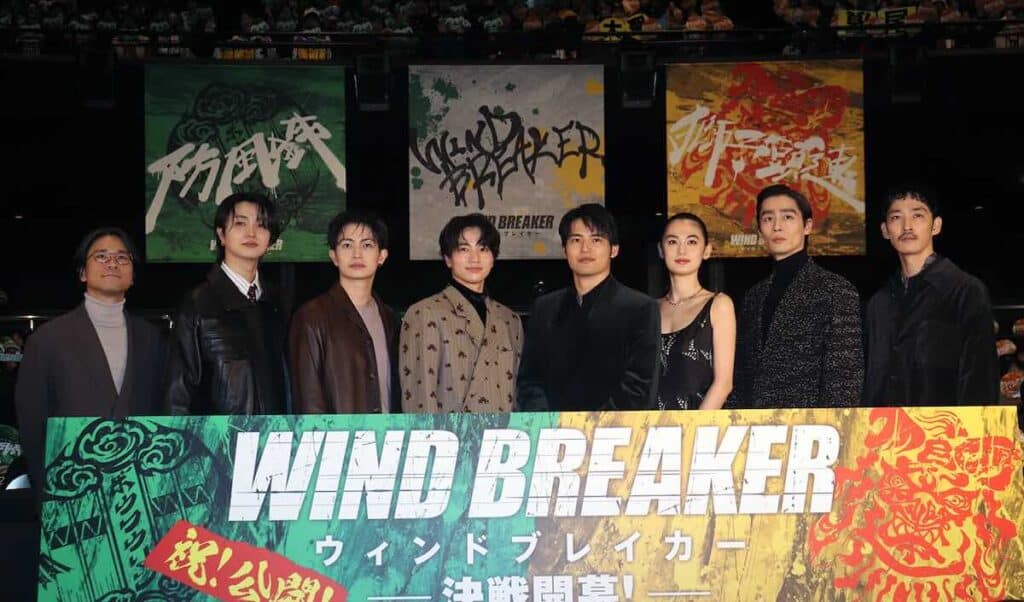 『WIND BREAKER／ウィンドブレイカー』舞台挨拶にて（左から）萩原健太郎監督JUNON、綱啓永、木戸大聖、水上恒司、八木莉可子、濱尾ノリタカ、上杉柊平