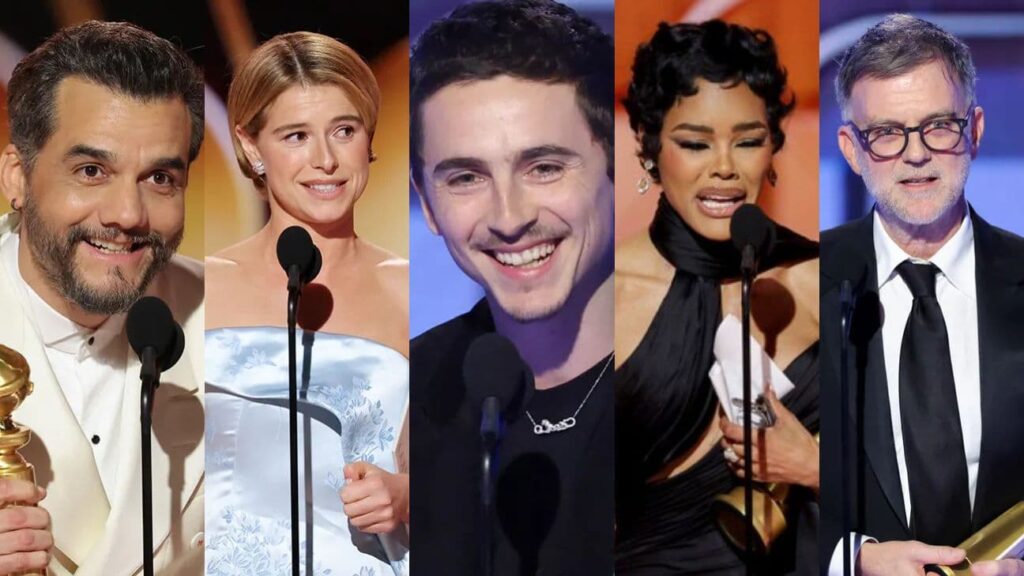 （左から）ヴァグネル・モウラ、ジェシー・バックリー、ティモシー・シャラメ、テヤナ・テイラー、ポール・トーマス・アンダーソン監督=2026年のゴールデングローブ賞にて