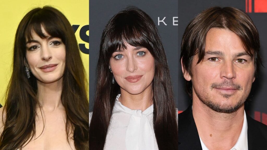 (左から)映画『ヴェリティ(原題)』に出演するアン・ハサウェイ、ダコタ・ジョンソン、ジョシュ・ハートネット