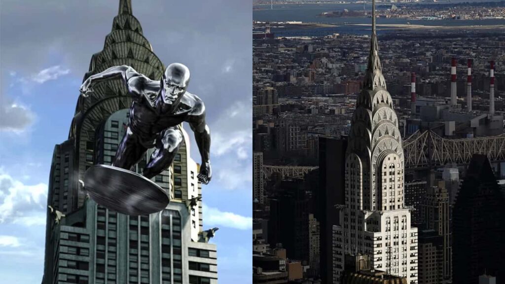 『ファンタスティック・フォー:銀河の危機』より(左)、クライスラー・ビルディング(右)