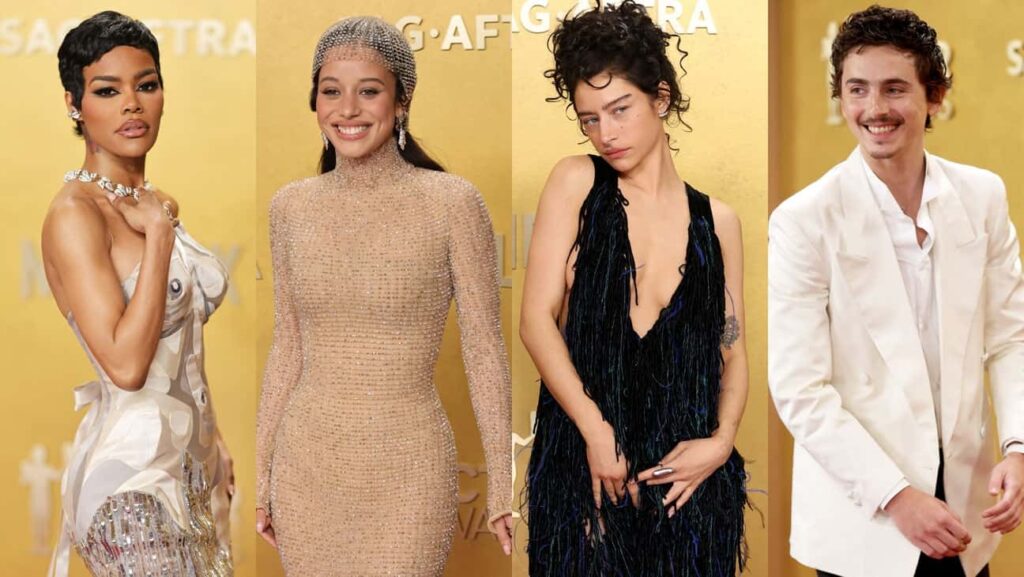 (左から)テヤナ・テイラー、チェイス・インフィニティ、オデッサ・アザイオン、ティモシー・シャラメ=第32回アクター賞(2026年)にて