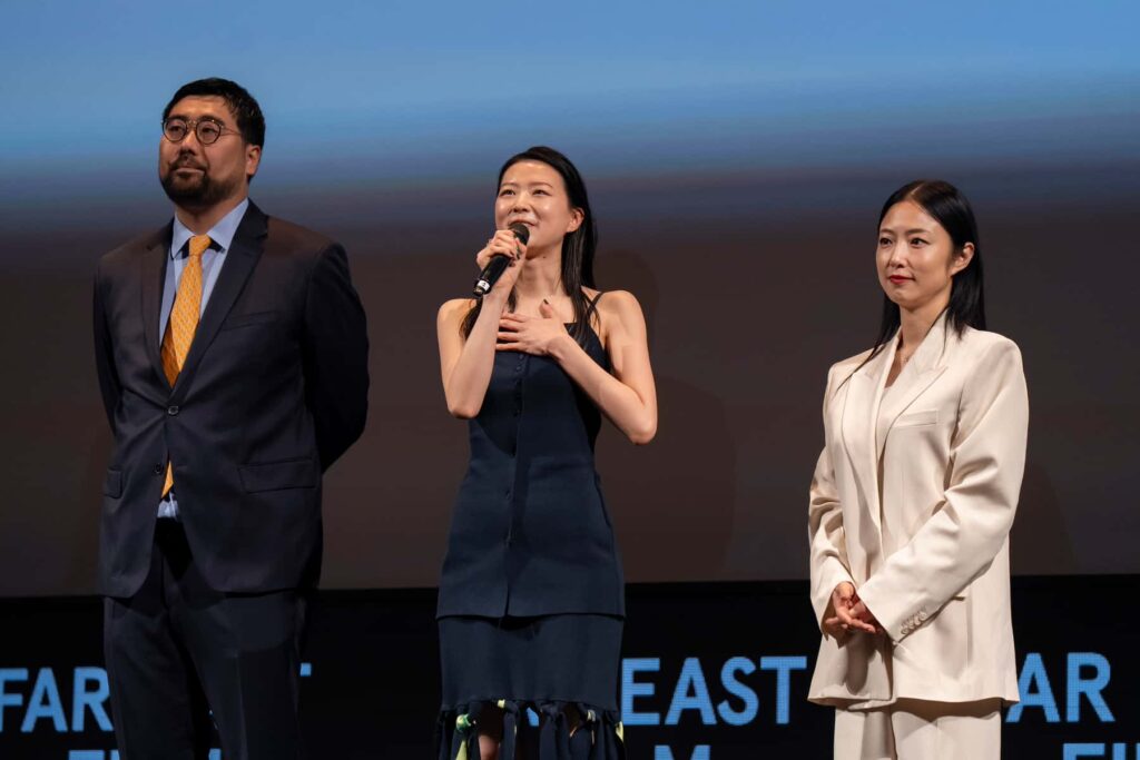 (左から)木村太一監督、片山友希、MEGUMI=現地時間4月26日開催の映画『FUJIKO』ワールドプレミア上映にて ©FEFF28 Photo by Alice_Durigatto