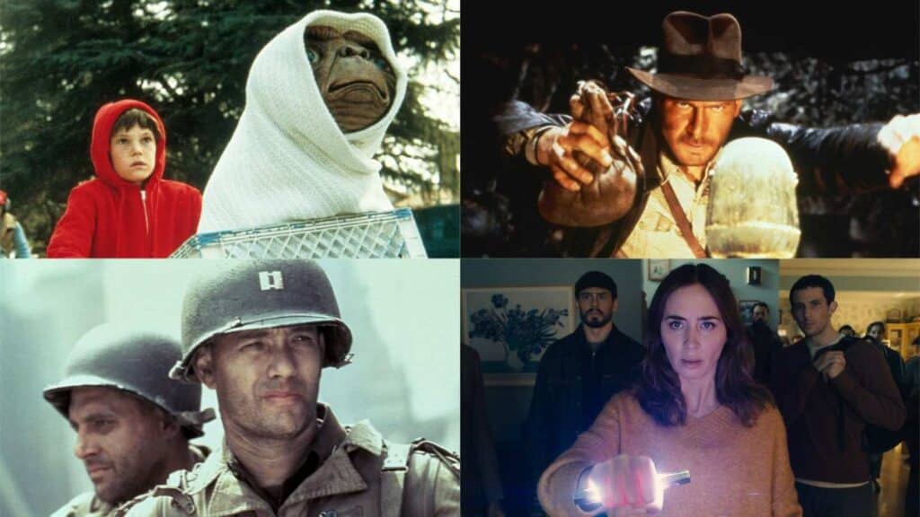 スティーヴン・スピルバーグ監督全作品を総まとめ、左上から時計回りに：『E.T.』、『レイダース／失われたアーク《聖櫃》』、『ディスクロージャー・デイ』、『プライベート・ライアン』