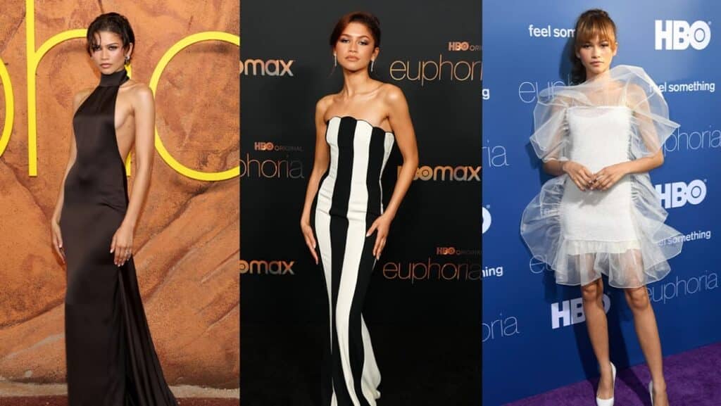 ゼンデイヤ、『ユーフォリア/EUPHORIA』シーズン3、シーズン2、シーズン1のプレミアにて 写真:Monica Schipper/Getty Images、Jeff Kravitz/FilmMagic for HBO、Frazer Harrison/Getty Images