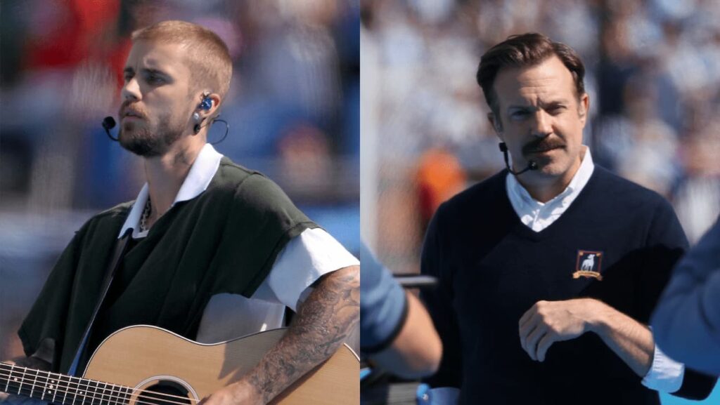 ワールドカップ決勝ハーフタイムショーに登場したジャスティン・ビーバー(左)、ジェイソン・サダイキス(右)