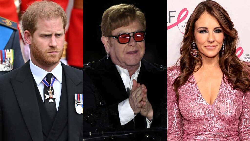 (左から)ヘンリー王子、エルトン・ジョン、エリザベス・ハーレイ