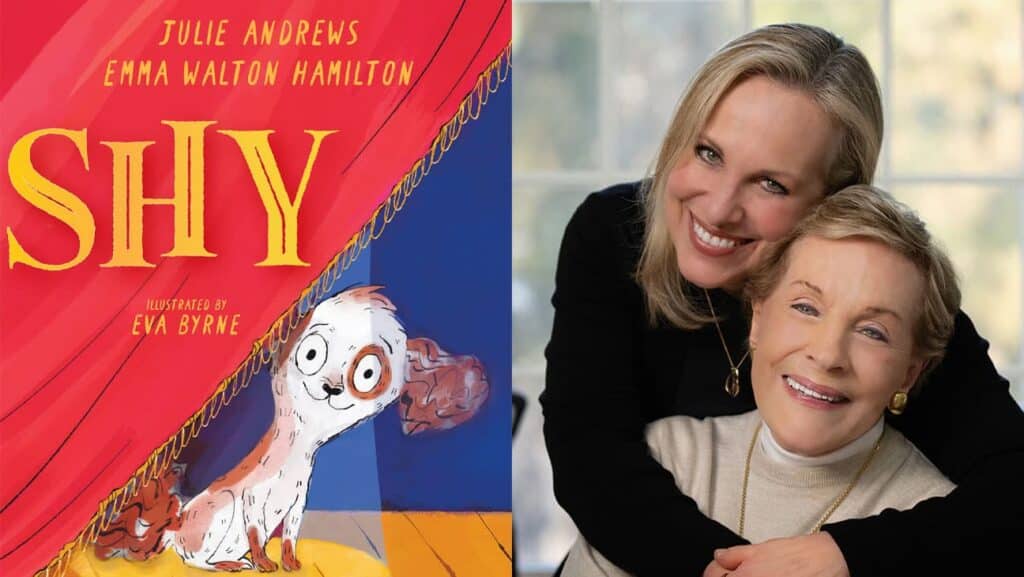 児童書『Shy』の表紙(左)、著者であるジュリー・アンドリュースと娘のエマ・ウォルトン・ハミルトン(右)