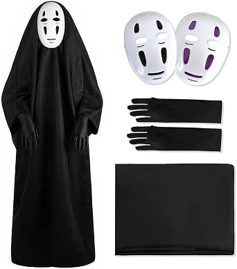 [GOKEI] ハロウィン コスプレ 衣装 4点セット お面2枚 手袋付き 仮装 顔なし おばけ 黒マント ホラー 変装 XL