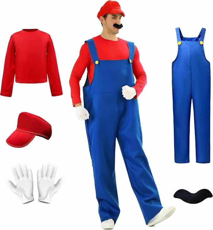 [CHALAN] ハロウィン コスプレ衣装 大人用 仮装 【5点セット オーバーオール Tシャツ 帽子 手袋 ひげ】 コスチューム コスプレ クリスマス イベンド 学園祭 変装 変身 ギフト プレゼント